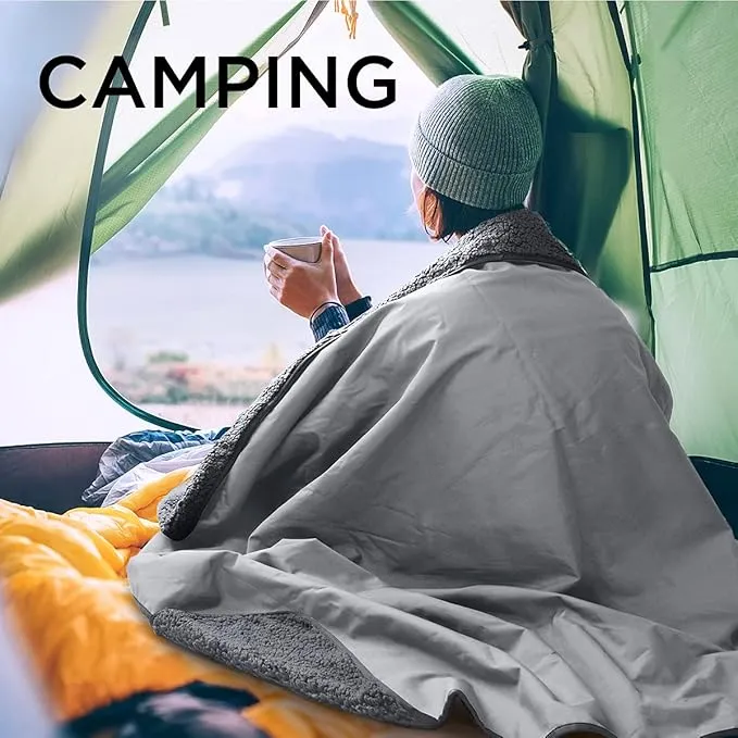 Tirrinia Outdoors Waterproof Throw Blanket, Sherpa Fleece Stadium Windproof Mat for Camping, Picnic, Traveling, Boat, Football - Machine Washable, Grey
