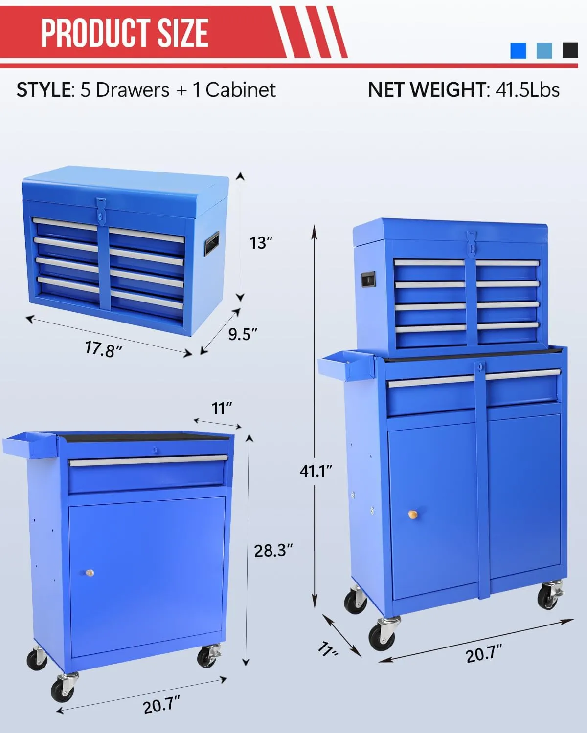 Tool Chest, 2 in 1 Tool Boxes with 5 Drawers, Tool Cart with 7 Organizer Tray Divider Set & Wheels, Large Rolling Tool Box Organizer for Garage, Workshop, Home Crafts