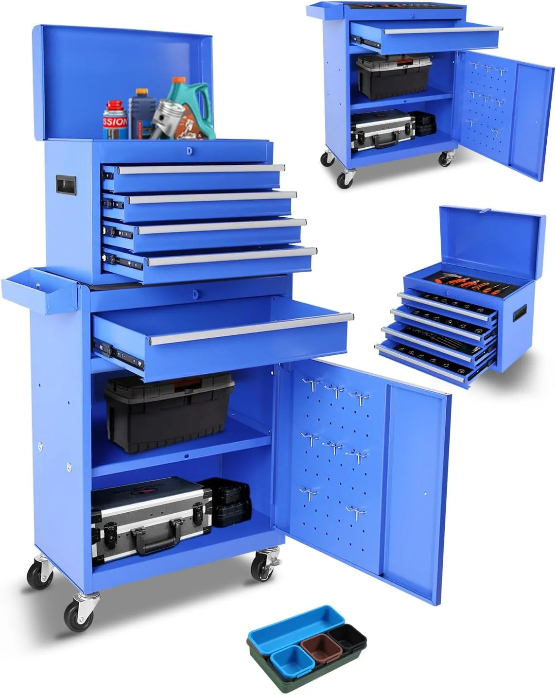 Tool Chest, 2 in 1 Tool Boxes with 5 Drawers, Tool Cart with 7 Organizer Tray Divider Set & Wheels, Large Rolling Tool Box Organizer for Garage, Workshop, Home Crafts