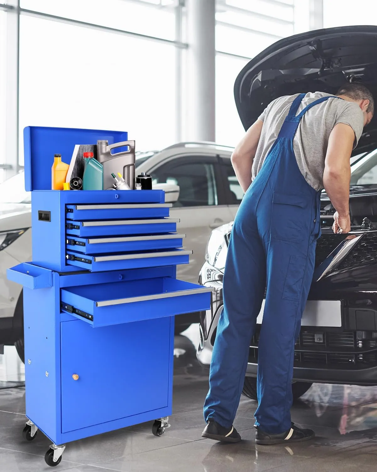 Tool Chest, 2 in 1 Tool Boxes with 5 Drawers, Tool Cart with 7 Organizer Tray Divider Set & Wheels, Large Rolling Tool Box Organizer for Garage, Workshop, Home Crafts