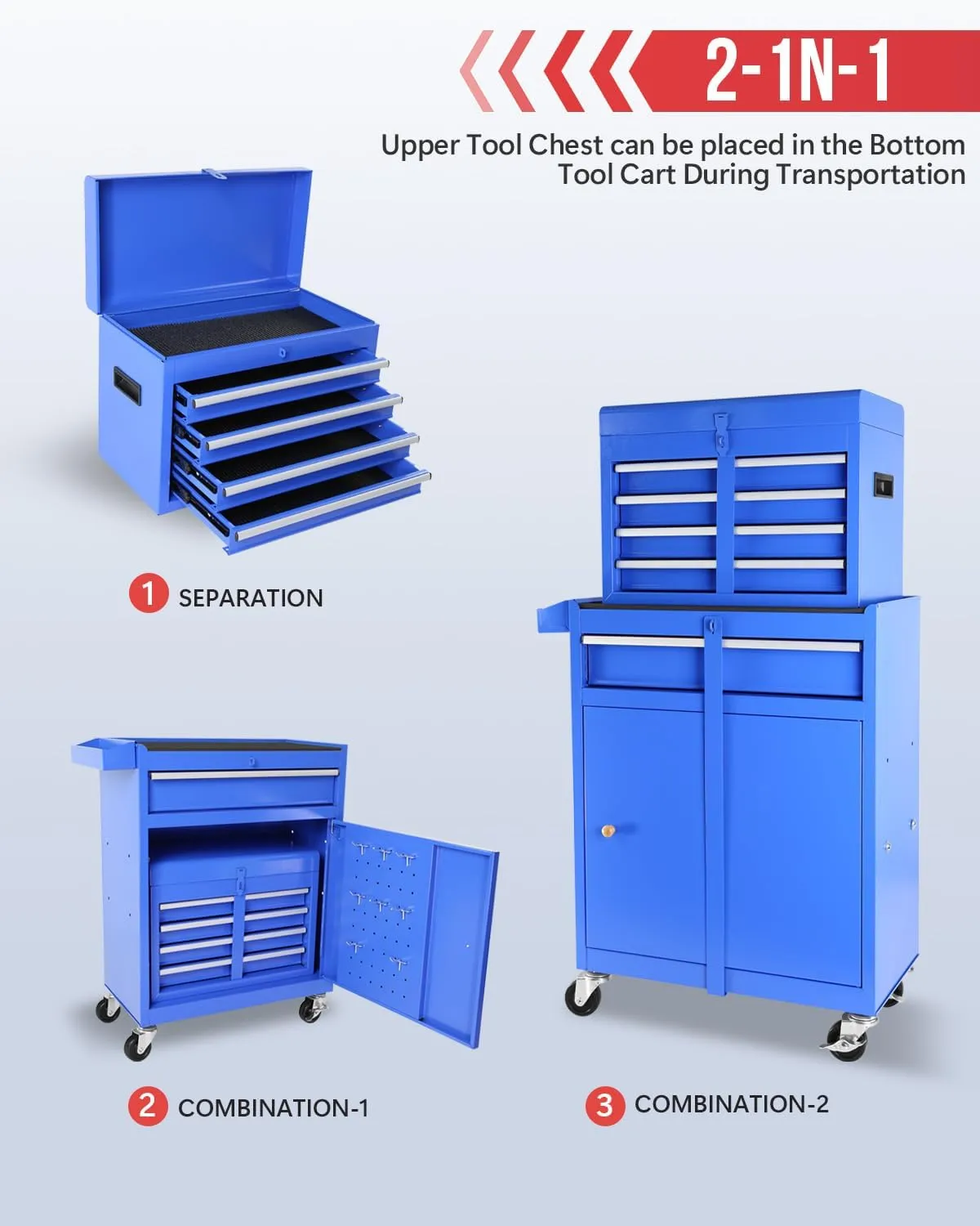 Tool Chest, 2 in 1 Tool Boxes with 5 Drawers, Tool Cart with 7 Organizer Tray Divider Set & Wheels, Large Rolling Tool Box Organizer for Garage, Workshop, Home Crafts