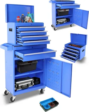 Tool Chest, 2 in 1 Tool Boxes with 5 Drawers, Tool Cart with 7 Organizer Tray Divider Set & Wheels, Large Rolling Tool Box Organizer for Garage, Workshop, Home Crafts