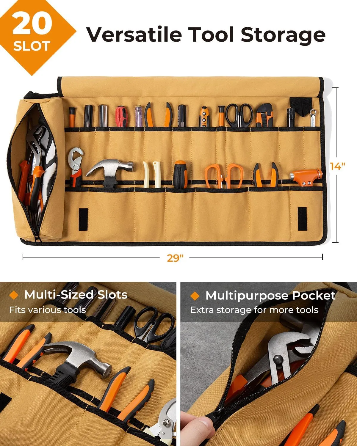 Tool Roll, Heavy Duty Tool Roll Bag Organizer, Roll Up Tool Pouch with 20   1 Pocket, Gifts for Men Father Dad Mechanic, Brown