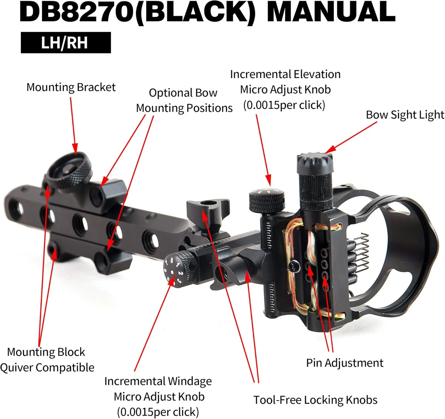 TOPOINT ARCHERY CNC Aluminum 5 Pins Or 7 Pins .019" Tool-Less Bow Sight with Micro Adjust Detachable Bracket LED Sight Light Left and Right Hand