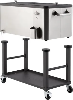 TRINITY Stainless Steel Beverage Cooler and Ice Chest with Wheels and Built-in Bottle Opener, Rolling Cart with Shelf for Patio, Outdoor Bar, and Catering, Detachable Tub, 80 Quart Capacity