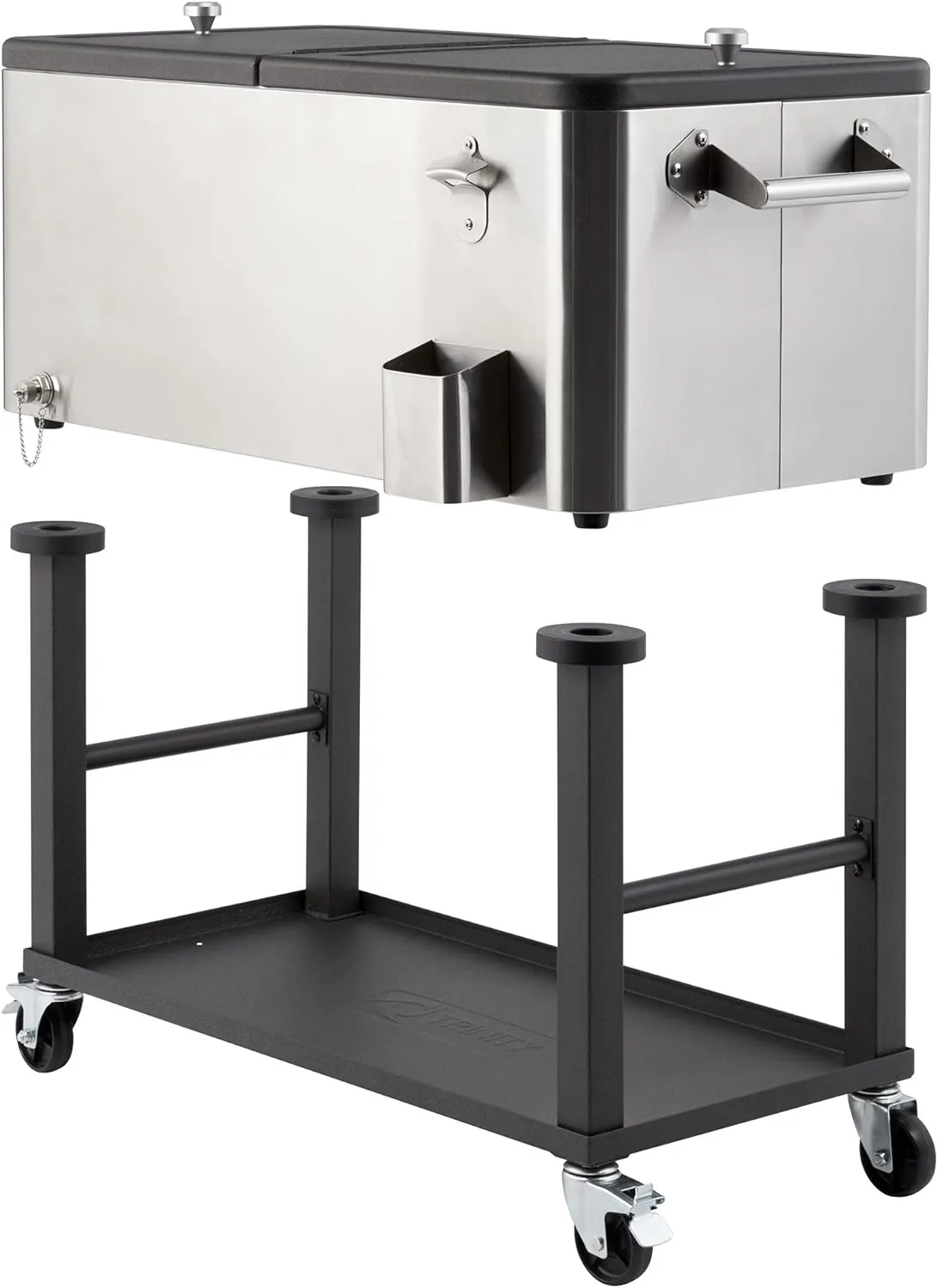 TRINITY Stainless Steel Beverage Cooler and Ice Chest with Wheels and Built-in Bottle Opener, Rolling Cart with Shelf for Patio, Outdoor Bar, and Catering, Detachable Tub, 80 Quart Capacity
