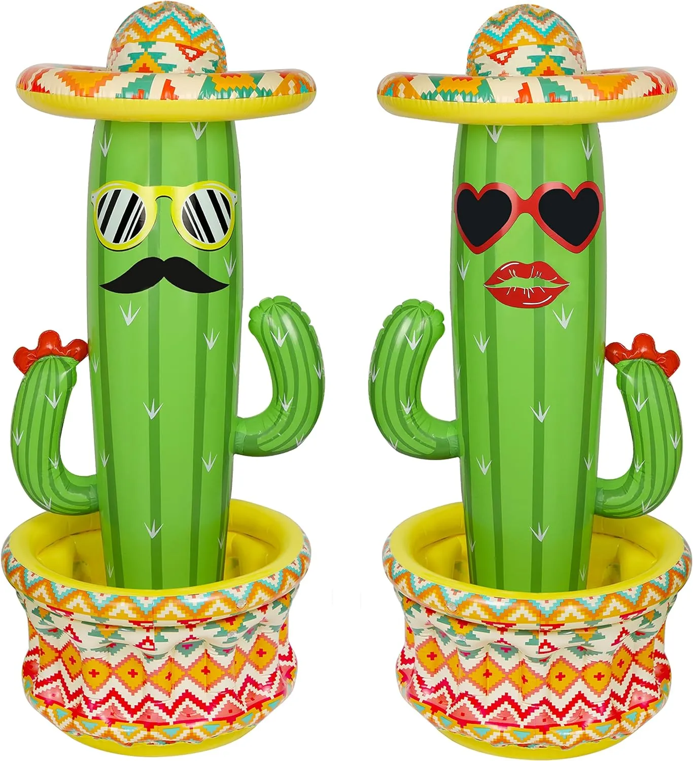 Triumpeek Inflatable Cactus Cooler, 55" Fiesta Cactus Ice Bucket Wearing Sombreros for Summer Swimming Pool Hawaiian Themed Party Supplies