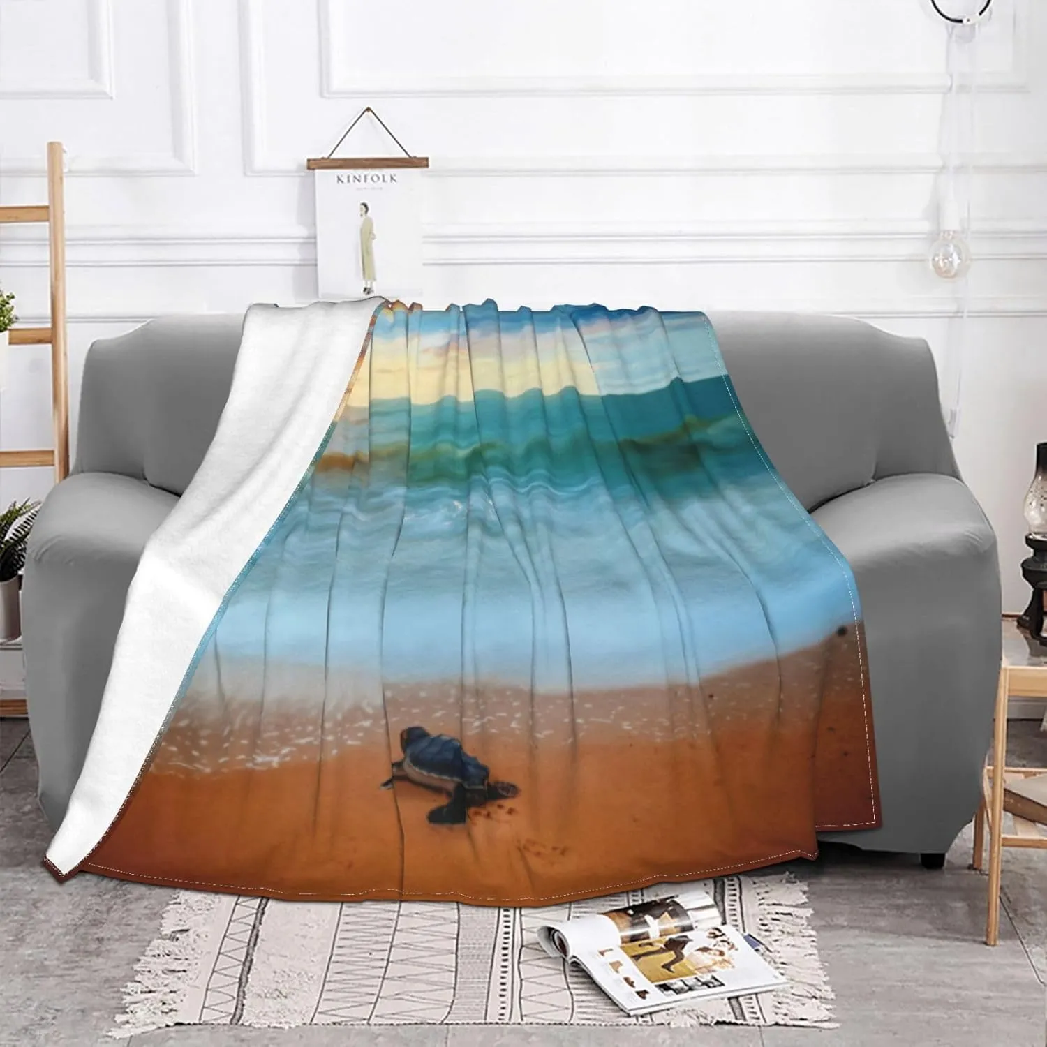Tropical Sunset Sea Turtle Sandy Beach 60"X50" Flannel Blanket - 100% Soft Polyester, Lightweight and Warm, Suitable for Families, Camping, Travel