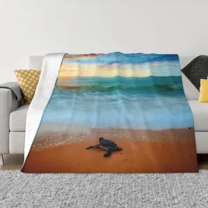 Tropical Sunset Sea Turtle Sandy Beach 60"X50" Flannel Blanket - 100% Soft Polyester, Lightweight and Warm, Suitable for Families, Camping, Travel