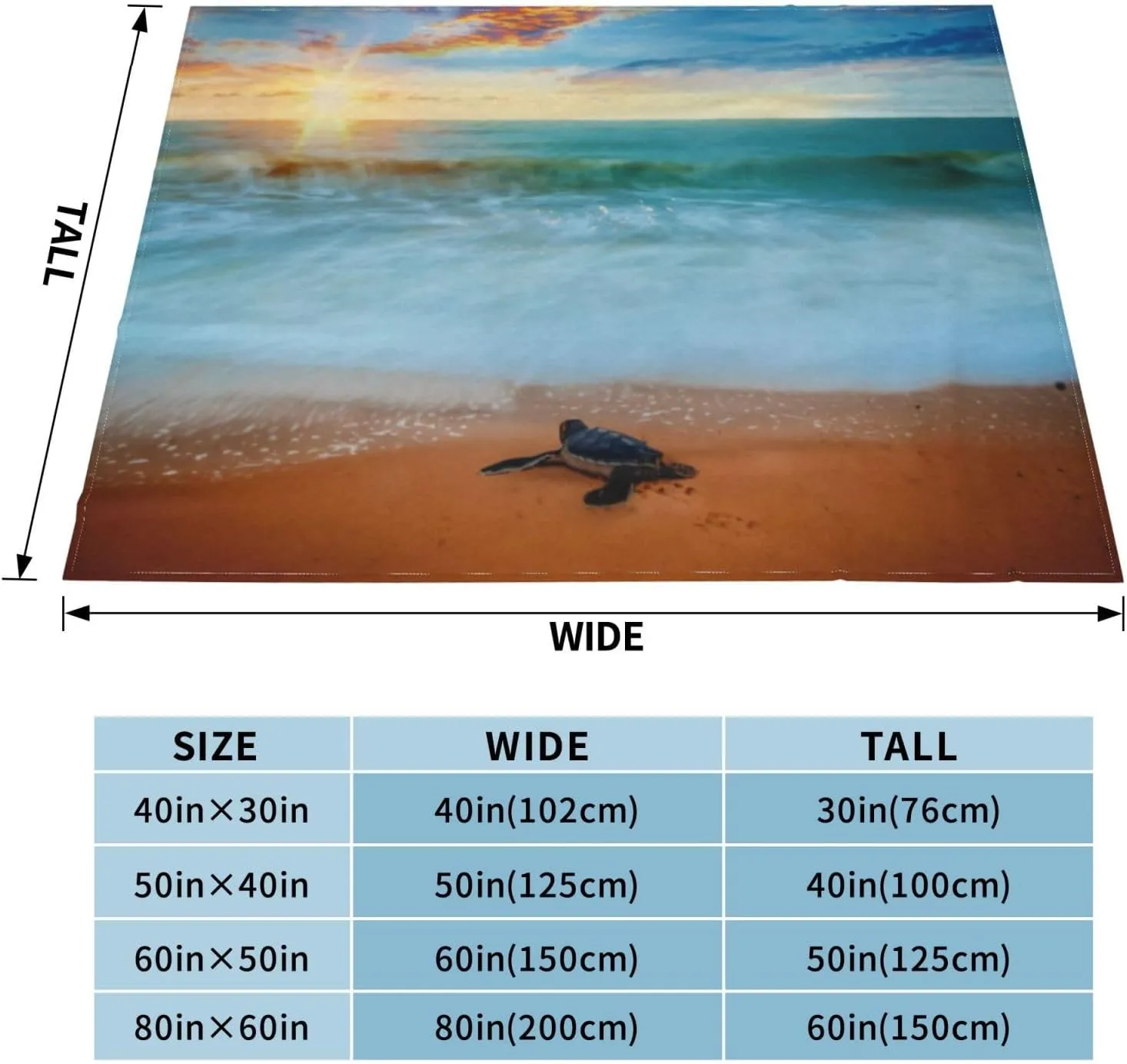 Tropical Sunset Sea Turtle Sandy Beach 60"X50" Flannel Blanket - 100% Soft Polyester, Lightweight and Warm, Suitable for Families, Camping, Travel