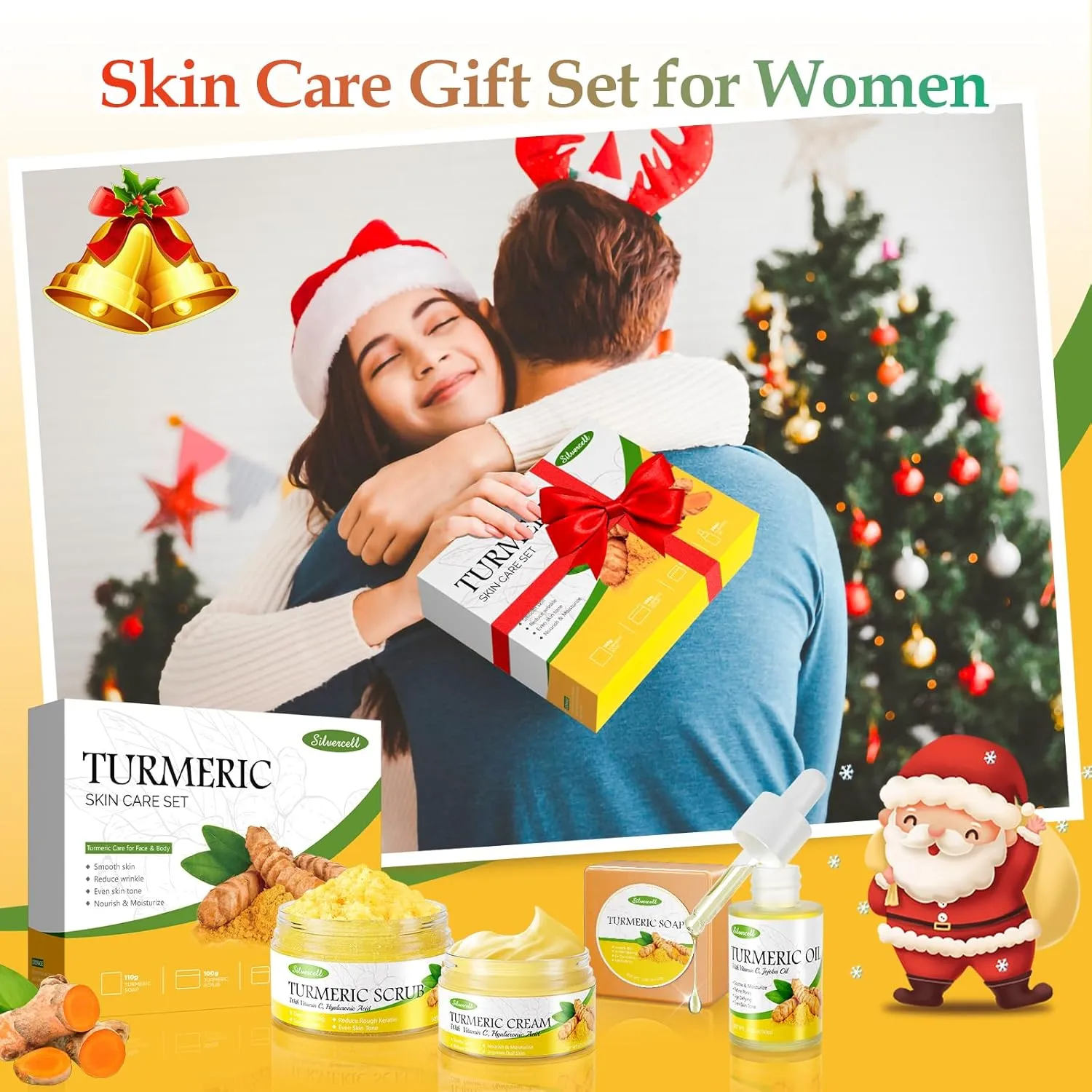 Turmeric Skin Care Set with Vitamin C, Turmeric Skincare Set Birthday Gifts for Women, Skin Care Kit for Anti-Aging Hydrating, Face Care with Turmeric Soap Bar & Scrub, Turmeric Oil & Face Cream