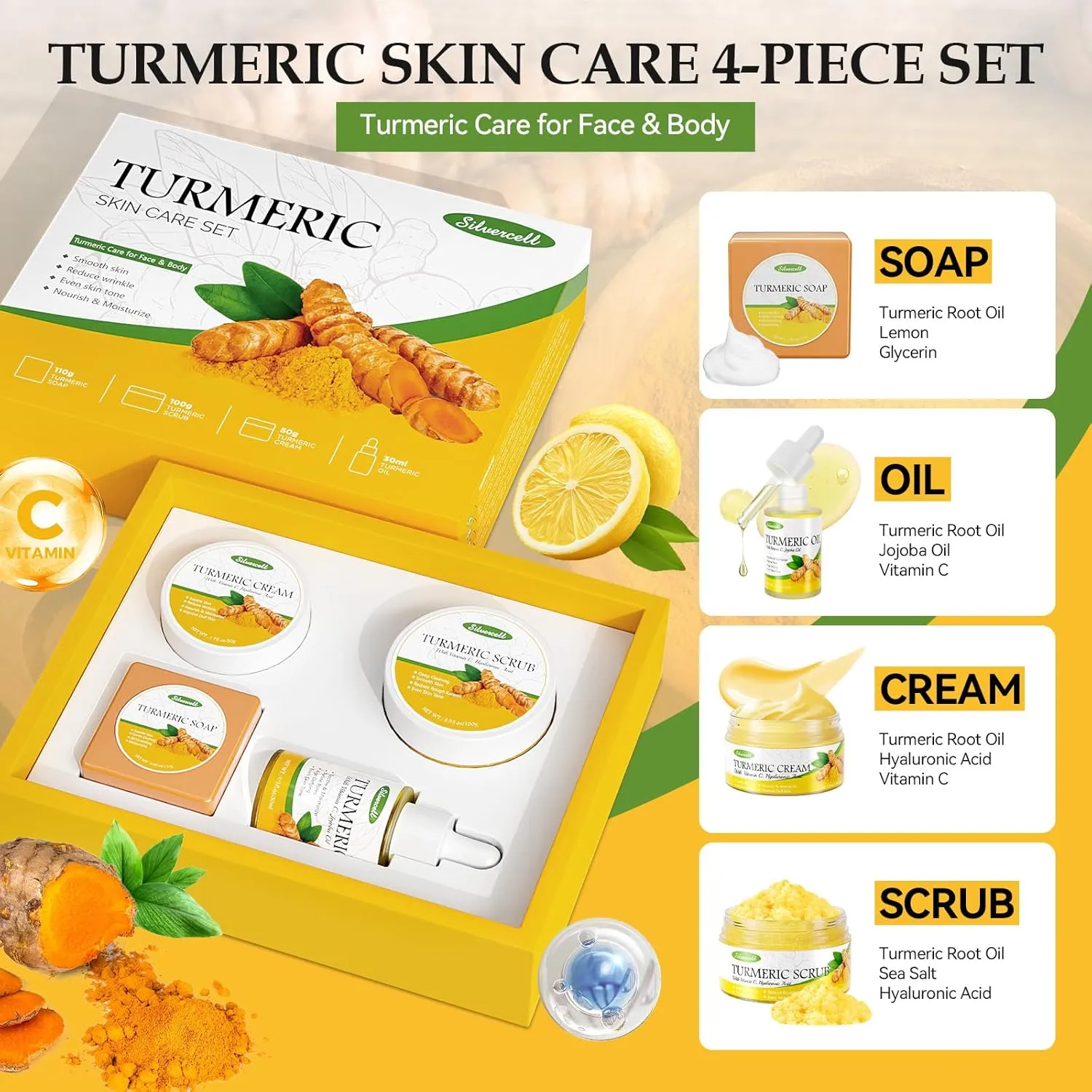 Turmeric Skin Care Set with Vitamin C, Turmeric Skincare Set Birthday Gifts for Women, Skin Care Kit for Anti-Aging Hydrating, Face Care with Turmeric Soap Bar & Scrub, Turmeric Oil & Face Cream