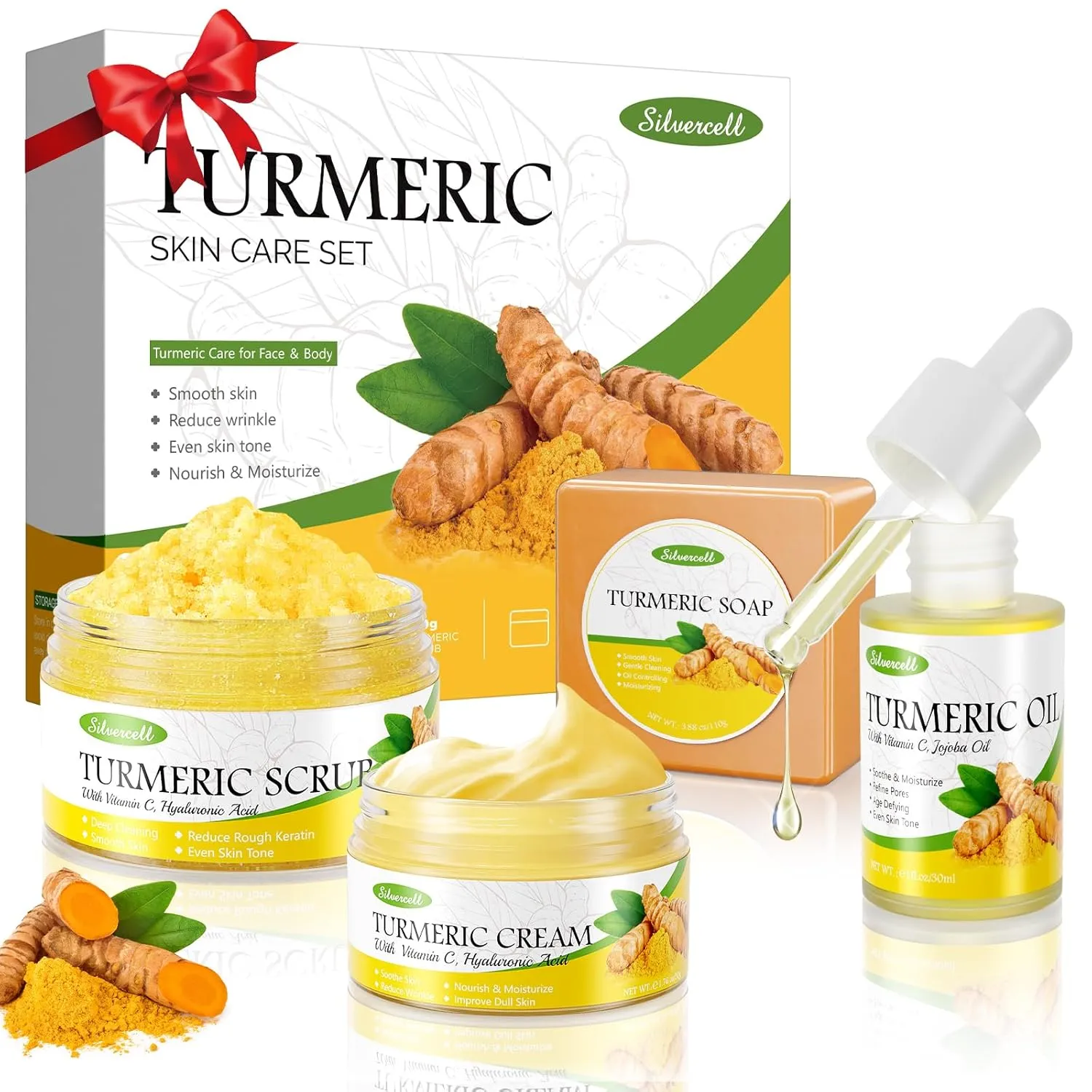 Turmeric Skin Care Set with Vitamin C, Turmeric Skincare Set Birthday Gifts for Women, Skin Care Kit for Anti-Aging Hydrating, Face Care with Turmeric Soap Bar & Scrub, Turmeric Oil & Face Cream