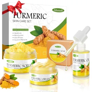 Turmeric Skin Care Set with Vitamin C, Turmeric Skincare Set Birthday Gifts for Women, Skin Care Kit for Anti-Aging Hydrating, Face Care with Turmeric Soap Bar & Scrub, Turmeric Oil & Face Cream