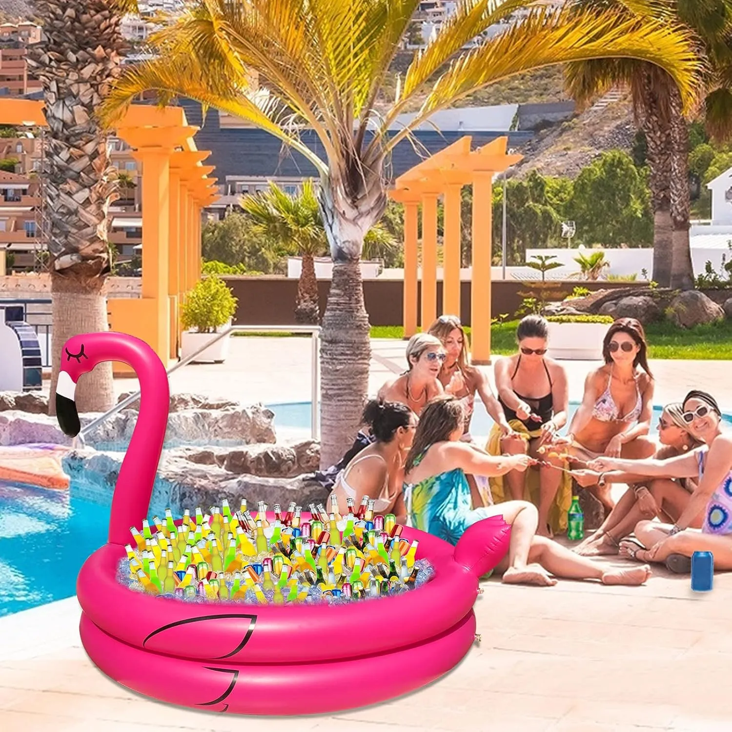 TURNMEON Giant Flamingo Cooler with Quick-Drain & 130  Cans Super Large Capacity, Hawaiian Tropical Inflatable Party Decor Serving Bar for Pool Luau/Beach/BBQ/Theme Events