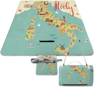Tuscany Map of Italy Landmarks Pattern Waterproof Outdoor Picnic Blanket Sandproof Beach Mat for Camping Hiking Grass Travelling