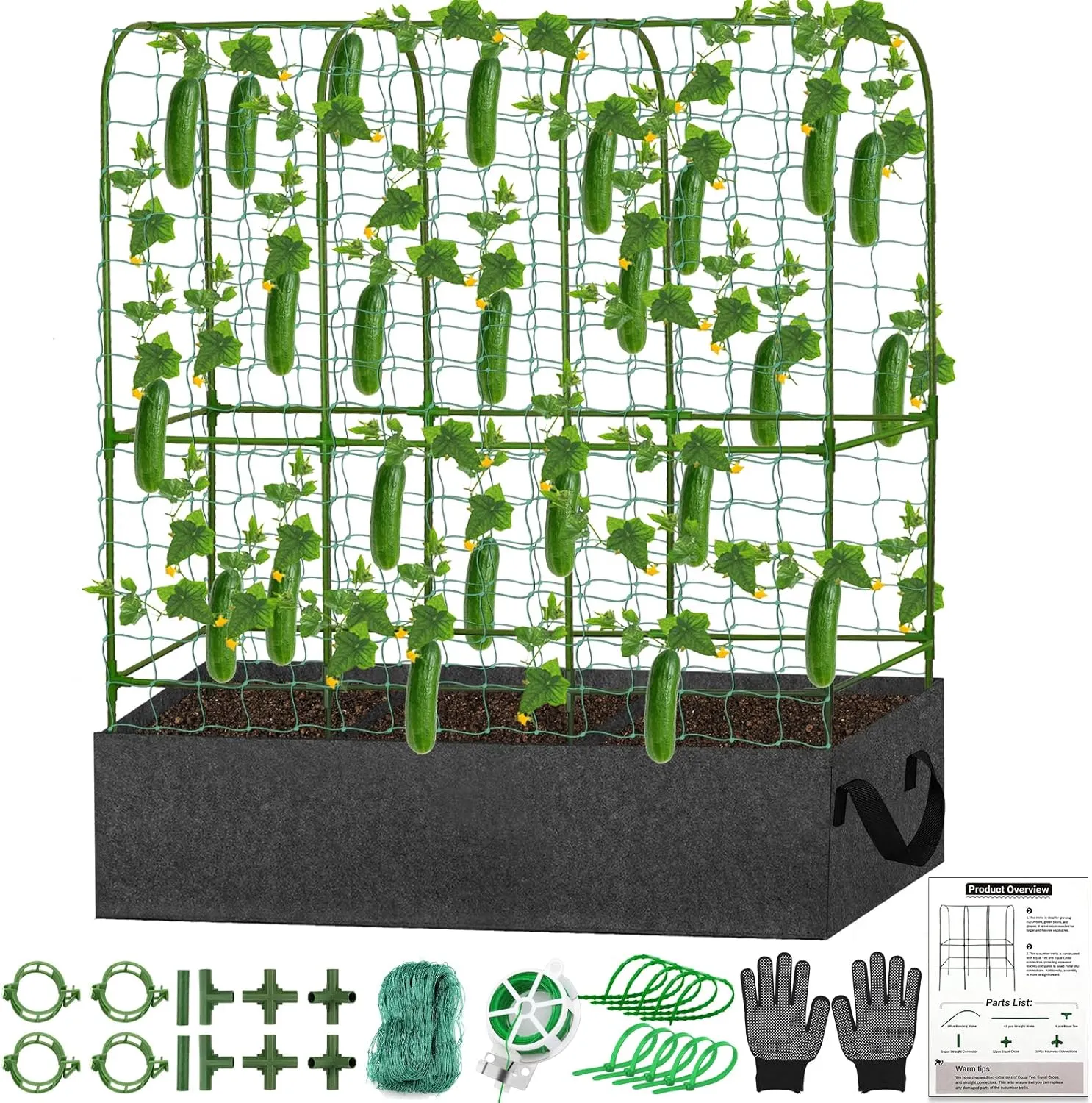 U-Shape Cucumber Trellis with Fabric Raised Garden Bed 65x50 Inch Metal Garden Arch Trellis with Net, Climbing Plants Vegetables Heavy-Duty Outdoor Plant Support for Pea, Grape, Squash, Tomatoes