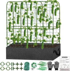U-Shape Cucumber Trellis with Fabric Raised Garden Bed 65x50 Inch Metal Garden Arch Trellis with Net, Climbing Plants Vegetables Heavy-Duty Outdoor Plant Support for Pea, Grape, Squash, Tomatoes