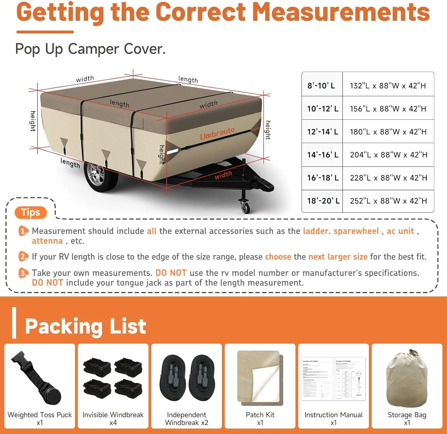 Umbrauto Pop Up Camper Cover for 14'-16' Folding Tent Trailer – 7-Layer Top, 3-Layer Side, Waterproof, Windproof, Sun-Resistant, Heavy-Duty Cover for All-Weather Protection