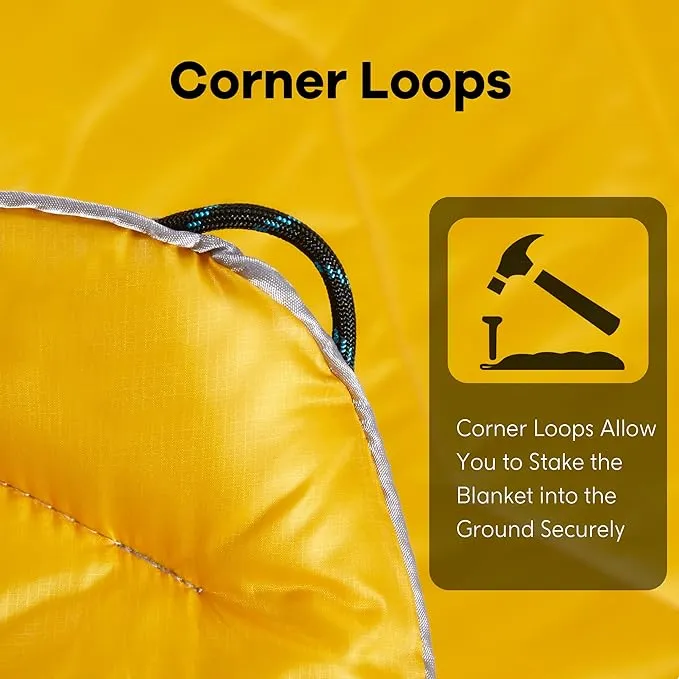 UNIKOME Outdoor Packable Camping Blanket, Lightweight Travel Blanket Waterproof Warm Camping Blanket for Hiking, Camping, Puffy Down Alternative Camping Blanket with Corner Loops, 75"×52", Yellow