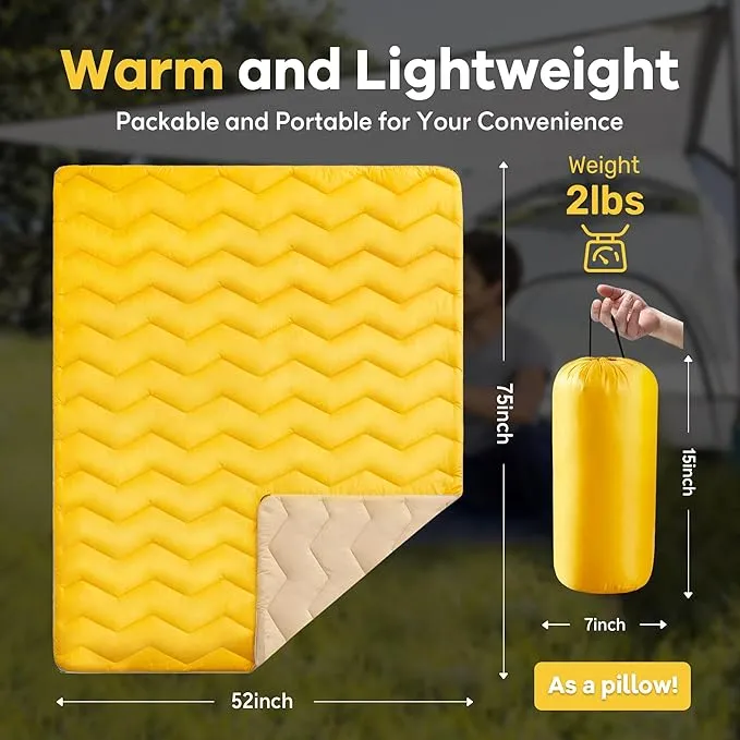UNIKOME Outdoor Packable Camping Blanket, Lightweight Travel Blanket Waterproof Warm Camping Blanket for Hiking, Camping, Puffy Down Alternative Camping Blanket with Corner Loops, 75"×52", Yellow