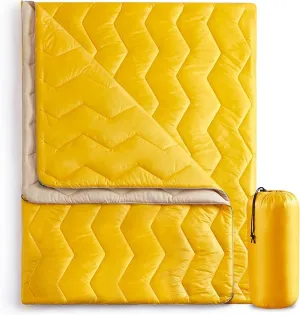 UNIKOME Outdoor Packable Camping Blanket, Lightweight Travel Blanket Waterproof Warm Camping Blanket for Hiking, Camping, Puffy Down Alternative Camping Blanket with Corner Loops, 75"×52", Yellow