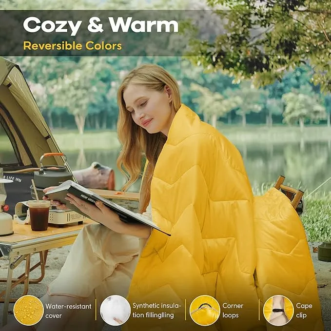 UNIKOME Outdoor Packable Camping Blanket, Lightweight Travel Blanket Waterproof Warm Camping Blanket for Hiking, Camping, Puffy Down Alternative Camping Blanket with Corner Loops, 75"×52", Yellow