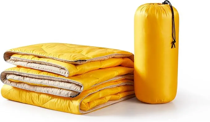 UNIKOME Outdoor Packable Camping Blanket, Lightweight Travel Blanket Waterproof Warm Camping Blanket for Hiking, Camping, Puffy Down Alternative Camping Blanket with Corner Loops, 75"×52", Yellow
