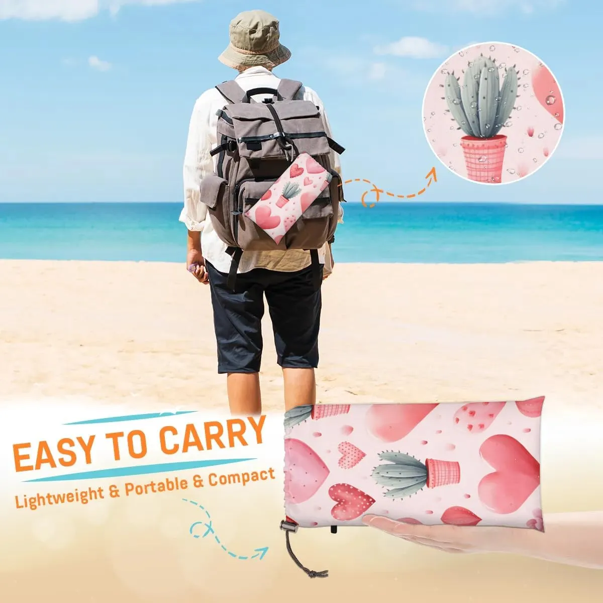 Valentine's Day Beach Blanket, Sandproof Beach Mat, 68 x 59 Waterproof Quick Drying Sand Free Mat with 4 x Ground Spikes for Outdoor Travel Camping Hiking, Cactus Heart
