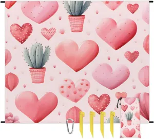 Valentine's Day Beach Blanket, Sandproof Beach Mat, 68 x 59 Waterproof Quick Drying Sand Free Mat with 4 x Ground Spikes for Outdoor Travel Camping Hiking, Cactus Heart