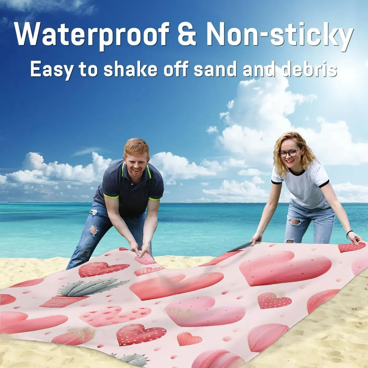 Valentine's Day Beach Blanket, Sandproof Beach Mat, 68 x 59 Waterproof Quick Drying Sand Free Mat with 4 x Ground Spikes for Outdoor Travel Camping Hiking, Cactus Heart