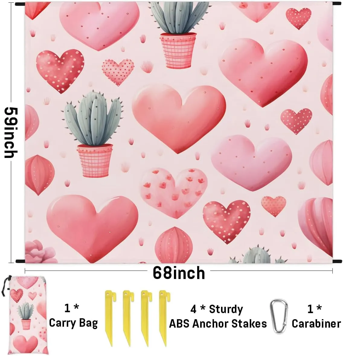 Valentine's Day Beach Blanket, Sandproof Beach Mat, 68 x 59 Waterproof Quick Drying Sand Free Mat with 4 x Ground Spikes for Outdoor Travel Camping Hiking, Cactus Heart