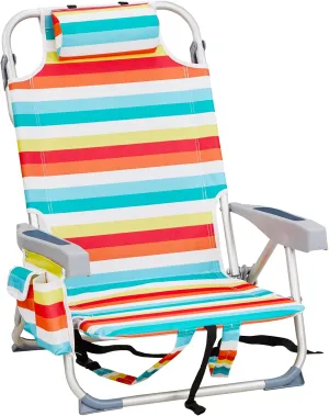 Vasitelan Outdoor Folding Backpack Beach Chair with 5 Positions, Towel bar, Cooler Pouch, Cup Holder,Folding Beach Chair with Backpack Straps (Rainbow Stripes, Short)
