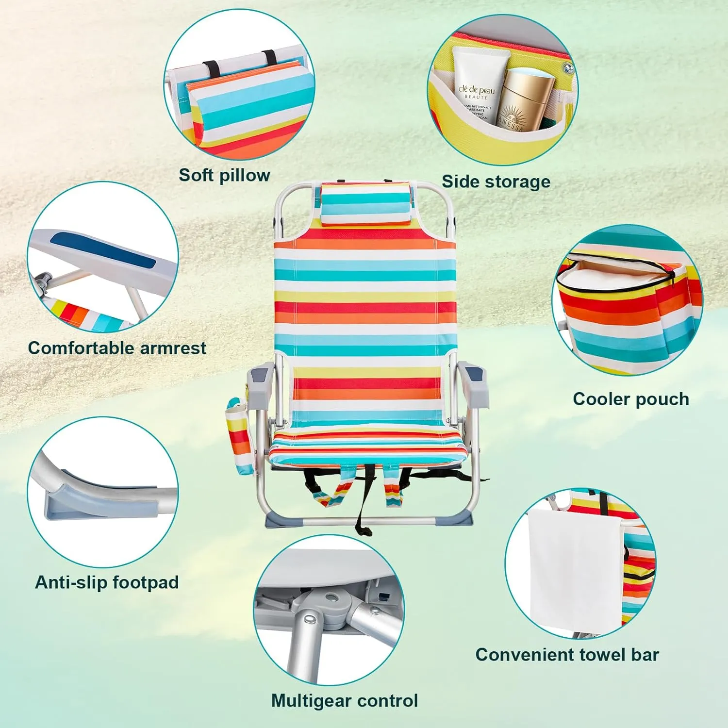 Vasitelan Outdoor Folding Backpack Beach Chair with 5 Positions, Towel bar, Cooler Pouch, Cup Holder,Folding Beach Chair with Backpack Straps (Rainbow Stripes, Short)