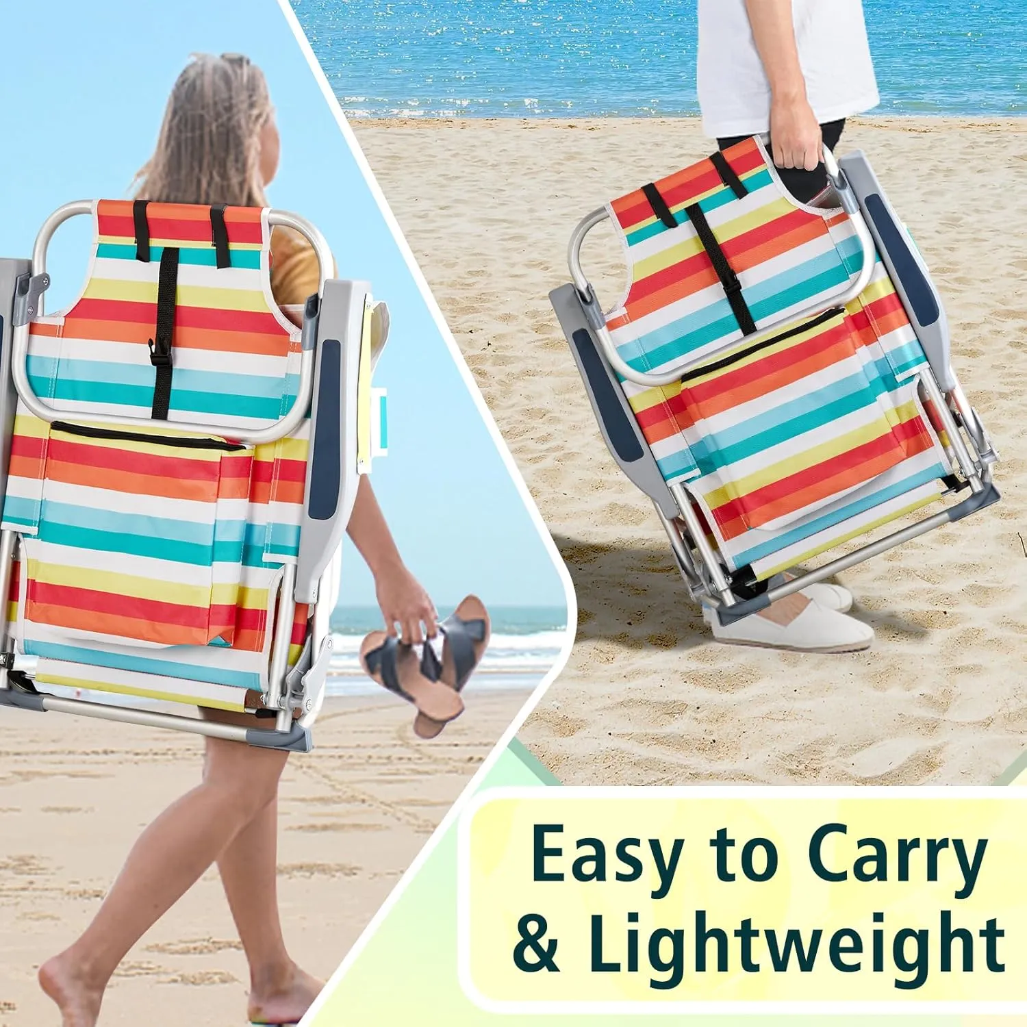 Vasitelan Outdoor Folding Backpack Beach Chair with 5 Positions, Towel bar, Cooler Pouch, Cup Holder,Folding Beach Chair with Backpack Straps (Rainbow Stripes, Short)
