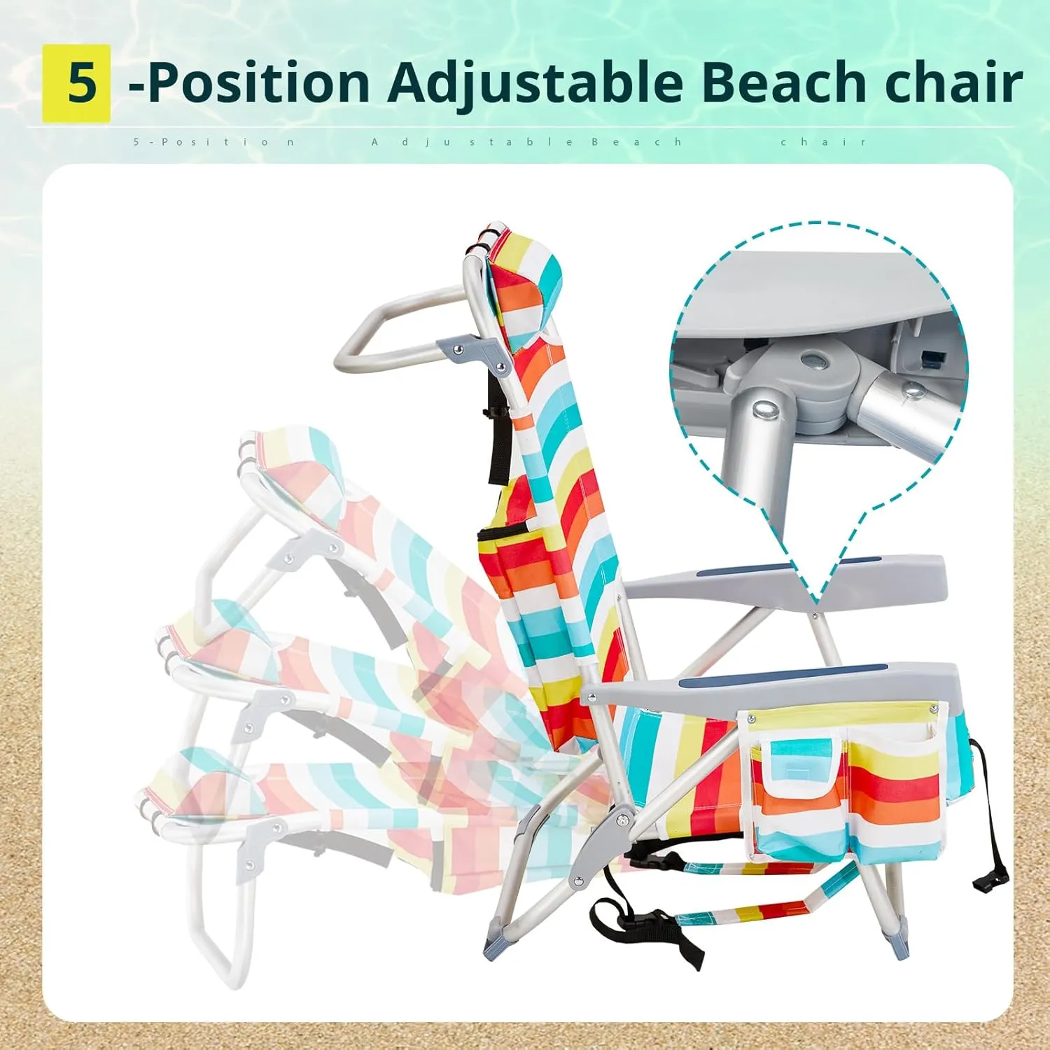 Vasitelan Outdoor Folding Backpack Beach Chair with 5 Positions, Towel bar, Cooler Pouch, Cup Holder,Folding Beach Chair with Backpack Straps (Rainbow Stripes, Short)