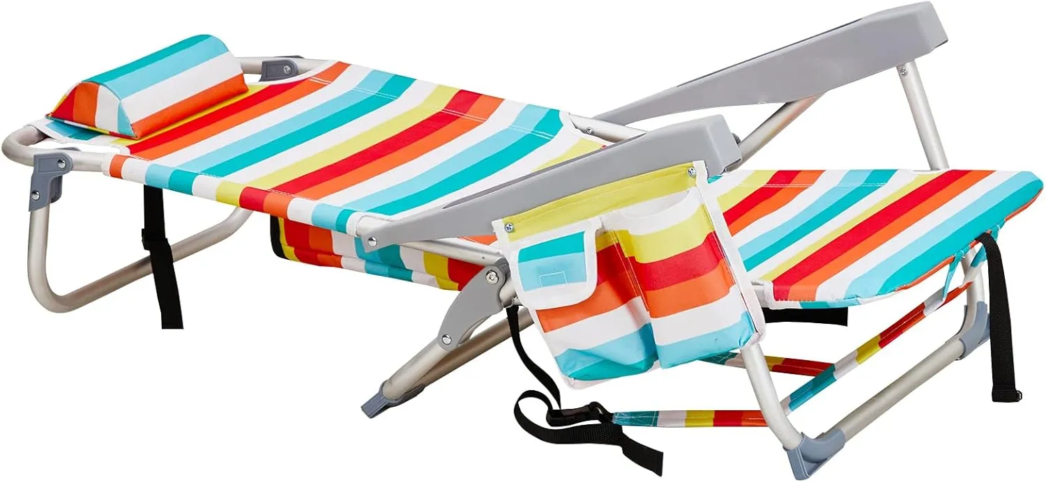 Vasitelan Outdoor Folding Backpack Beach Chair with 5 Positions, Towel bar, Cooler Pouch, Cup Holder,Folding Beach Chair with Backpack Straps (Rainbow Stripes, Short)