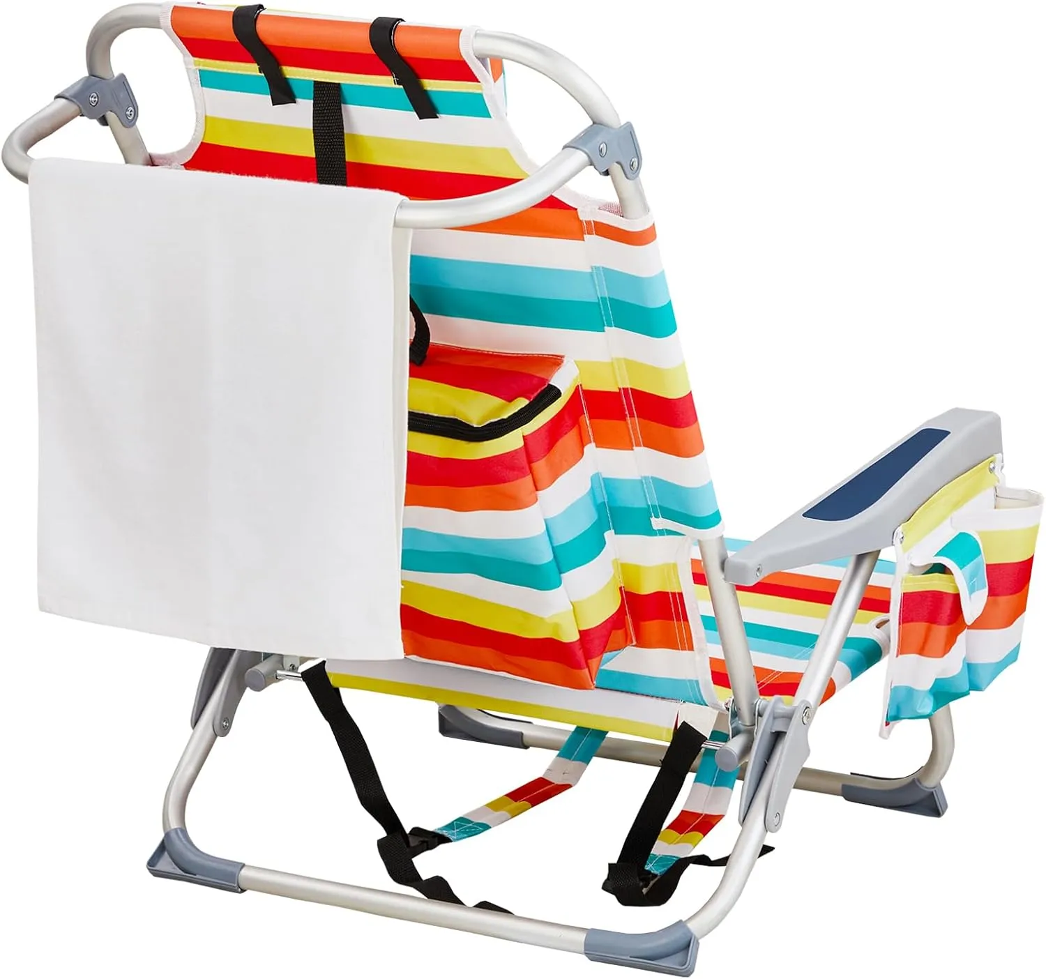 Vasitelan Outdoor Folding Backpack Beach Chair with 5 Positions, Towel bar, Cooler Pouch, Cup Holder,Folding Beach Chair with Backpack Straps (Rainbow Stripes, Short)