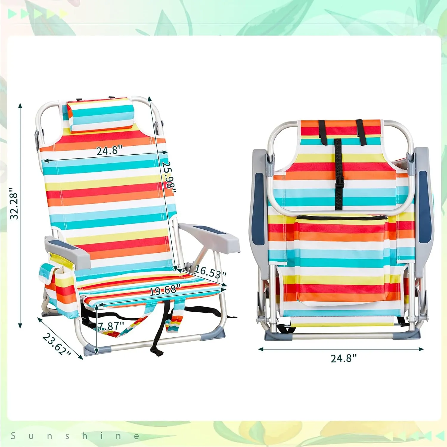 Vasitelan Outdoor Folding Backpack Beach Chair with 5 Positions, Towel bar, Cooler Pouch, Cup Holder,Folding Beach Chair with Backpack Straps (Rainbow Stripes, Short)