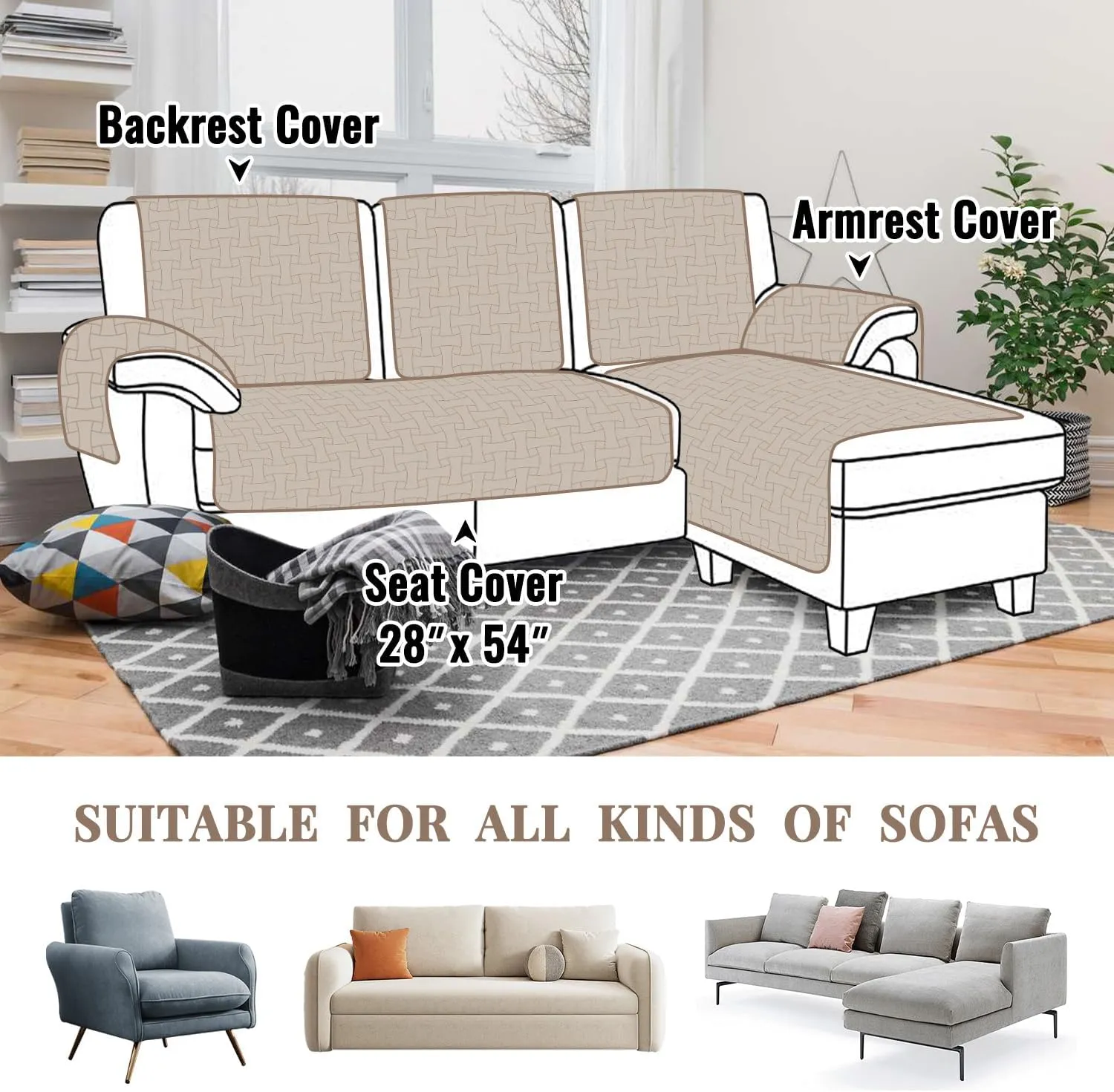 Velvet Sectional Couch Covers, Waterproof Loveseat Sofa Covers for 2 Cushion Couch, Non-Slip Couch Cover for Dogs Pets Loveseat L Shaped Furniture Protector, 28 x 54 Inch Beige(1 Piece)