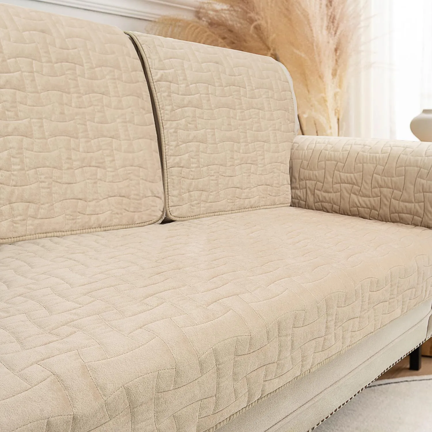 Velvet Sectional Couch Covers, Waterproof Loveseat Sofa Covers for 2 Cushion Couch, Non-Slip Couch Cover for Dogs Pets Loveseat L Shaped Furniture Protector, 28 x 54 Inch Beige(1 Piece)