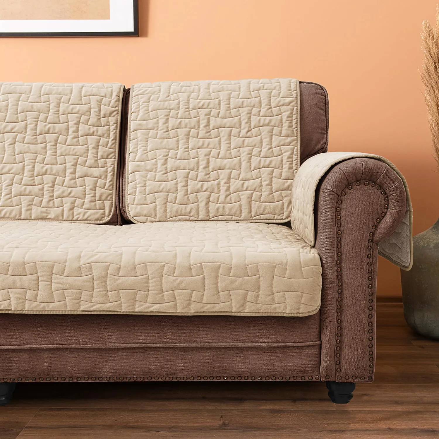 Velvet Sectional Couch Covers, Waterproof Loveseat Sofa Covers for 2 Cushion Couch, Non-Slip Couch Cover for Dogs Pets Loveseat L Shaped Furniture Protector, 28 x 54 Inch Beige(1 Piece)