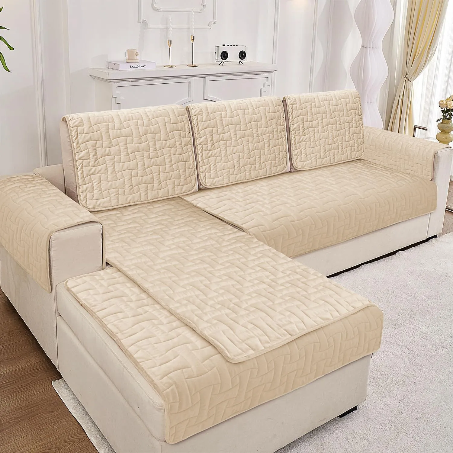 Velvet Sectional Couch Covers, Waterproof Loveseat Sofa Covers for 2 Cushion Couch, Non-Slip Couch Cover for Dogs Pets Loveseat L Shaped Furniture Protector, 28 x 54 Inch Beige(1 Piece)