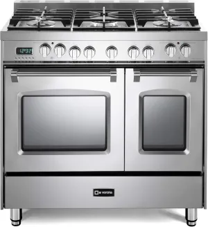 Verona VPFSGE365DSS 36" Prestige Series Freestanding Dual Fuel Range with Double Oven 5 Sealed Burners Oven Racks and Cast-Iron Grates in Stainless Steel