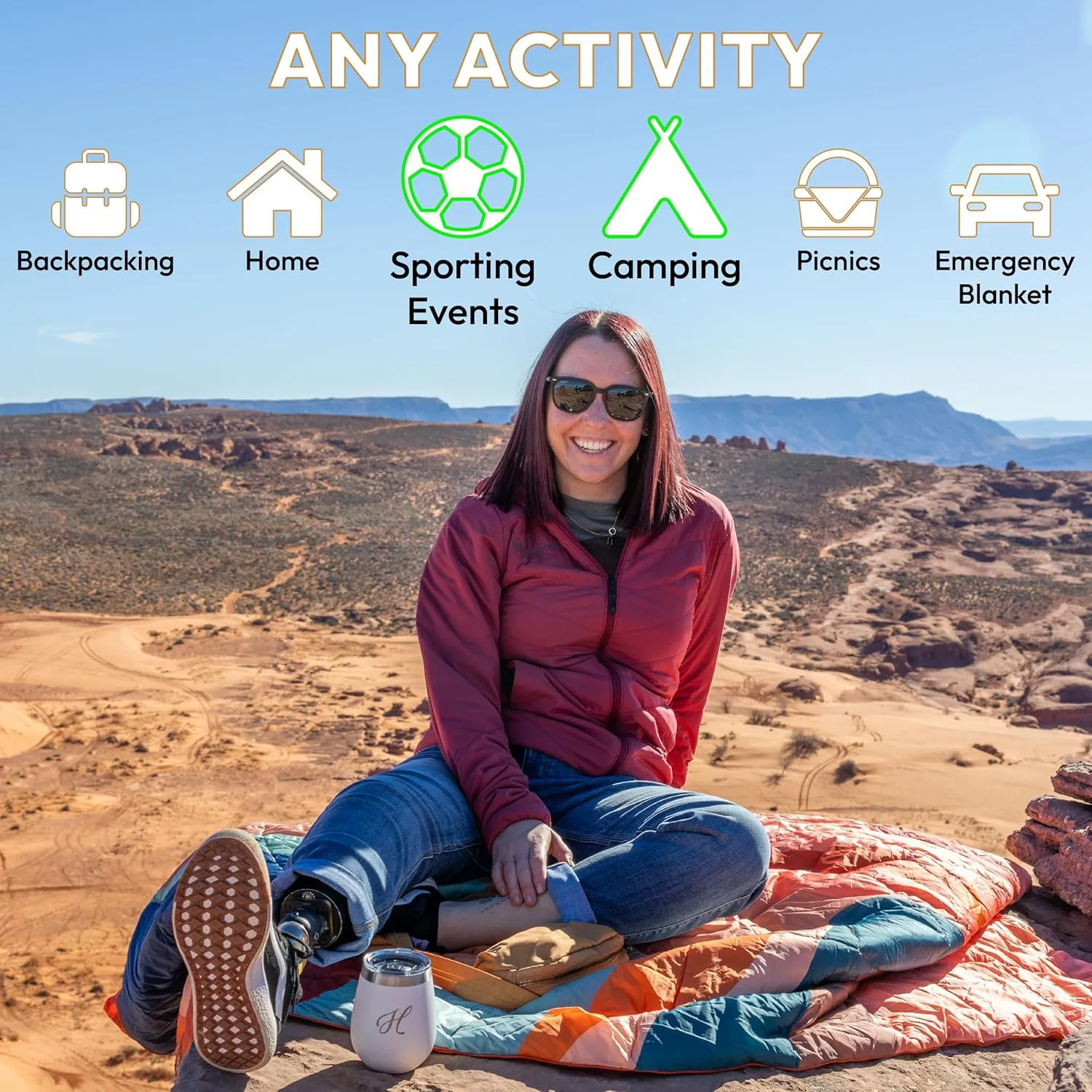 Versatile Packable Outdoor Camping Blanket, Puffy Blanket, Primaloft® Insulation, Warm, Durable, Lightweight, Waterproof, Oversize, Beach, Stadium, and More! 55"x80" (Logan Peak)