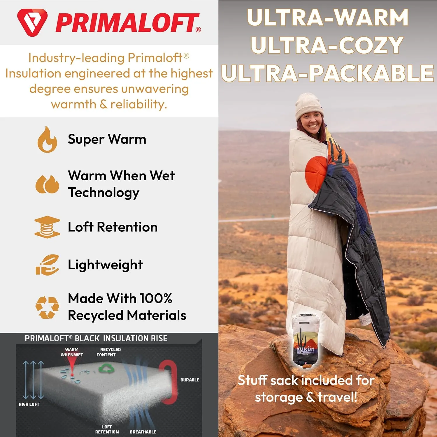 Versatile Packable Outdoor Camping Blanket, Puffy Blanket, Primaloft® Insulation, Warm, Durable, Lightweight, Waterproof, Oversize, Beach, Stadium, and More! 55"x80" (Strawberry Lemonade)