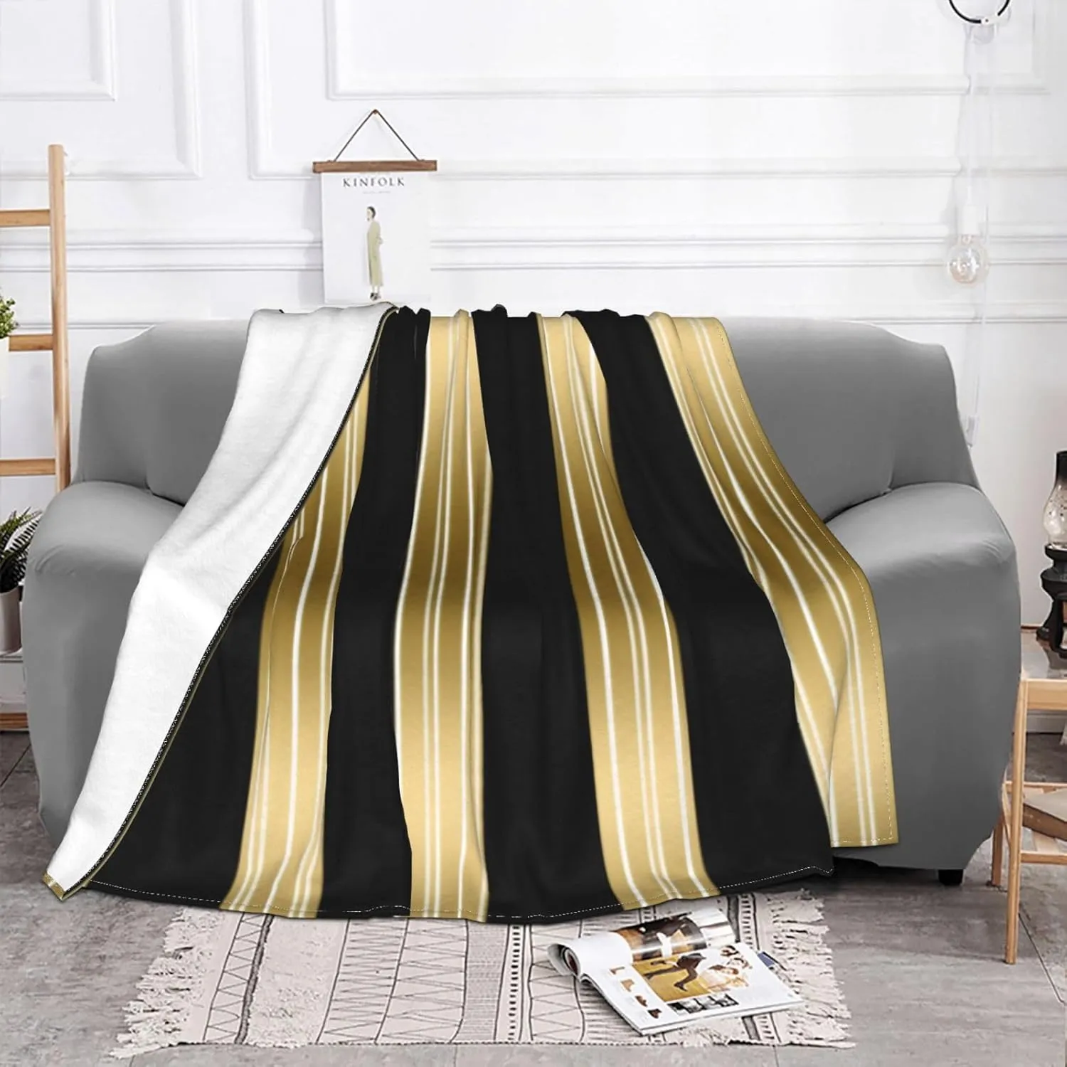 Vertical Black and Gold Stripes White Background 60"X50" Flannel Blanket - 100% Soft Polyester, Lightweight and Warm, Suitable for Families, Camping, Travel