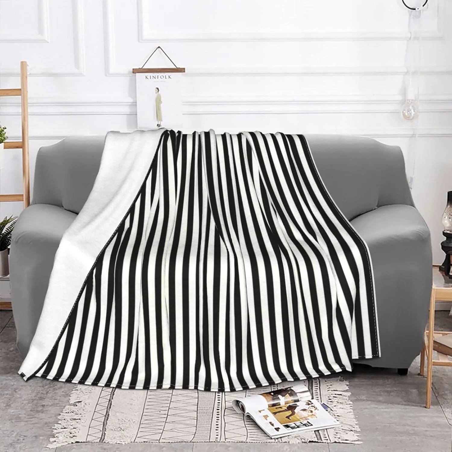 Vertical Gold Black and White Art Deco Stripes 60"X50" Flannel Blanket - 100% Soft Polyester, Lightweight and Warm, Suitable for Families, Camping, Travel