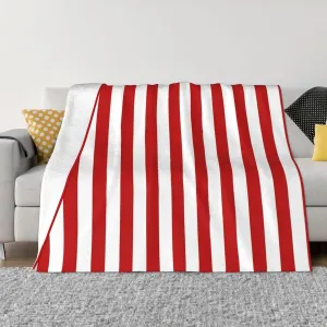 Vertical Stripes Red White 80"X60" Flannel Blanket - 100% Soft Polyester, Lightweight and Warm, Suitable for Families, Camping, Travel