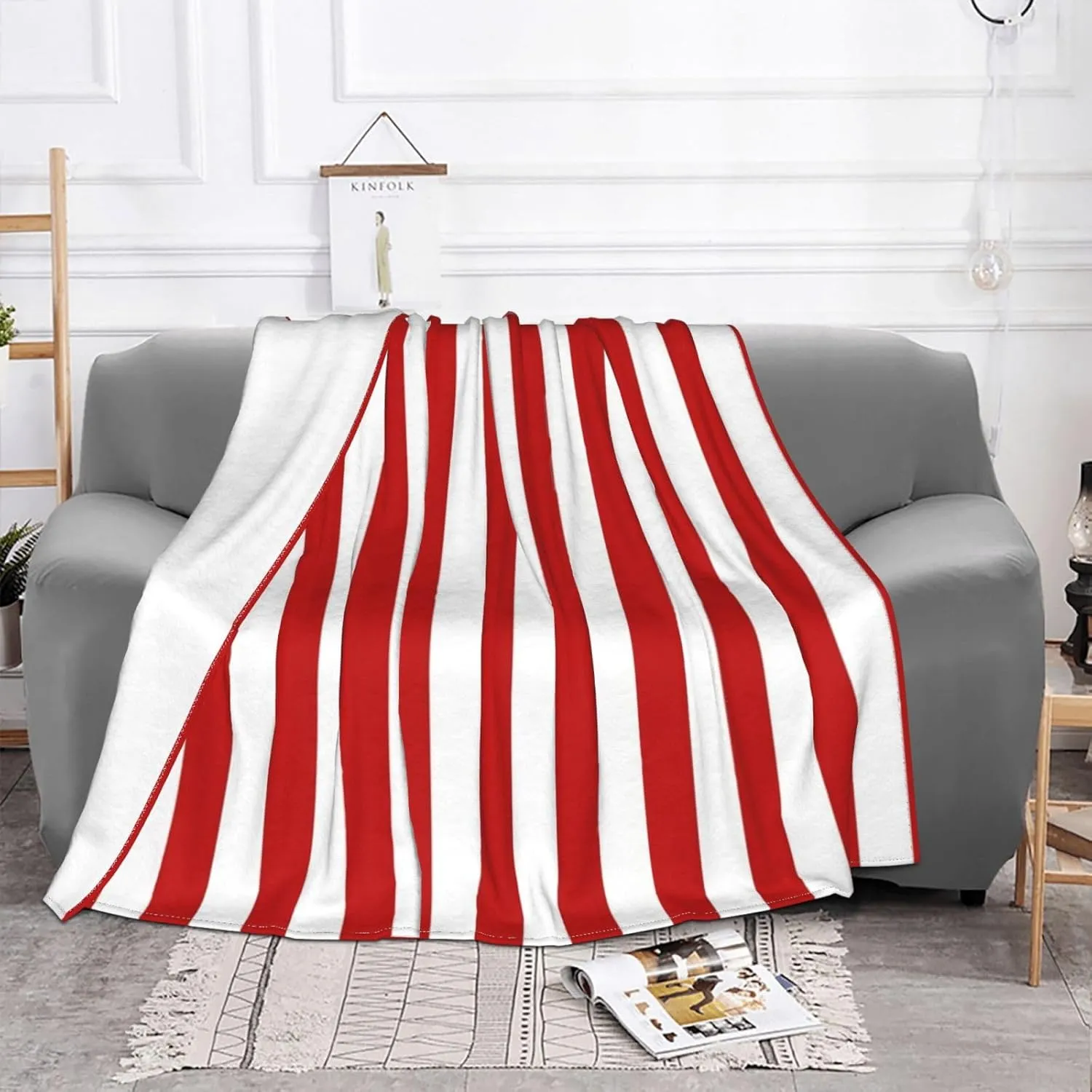 Vertical Stripes Red White 80"X60" Flannel Blanket - 100% Soft Polyester, Lightweight and Warm, Suitable for Families, Camping, Travel